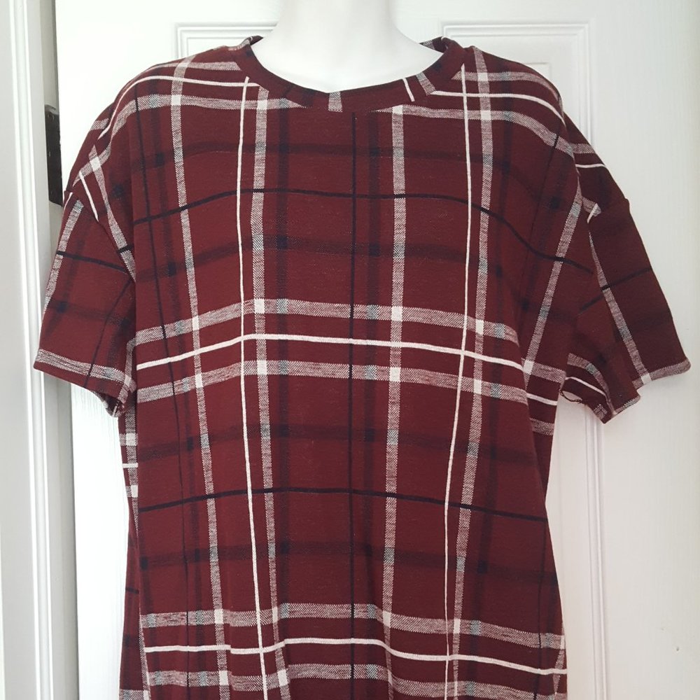 Small Maroon and Plaid Casual Shirt Dress